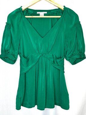 Peter Nygard Silk Blend Green Babydoll Top, Size 4 Elevated Fairy Puff Sleeve